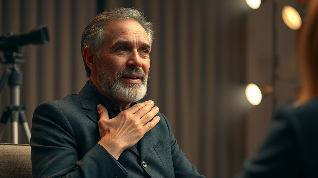 Deeply moved guest sharing a supernatural encounter on Its Supernatural TV Show set, emotional and hopeful expressions in a talk show environment.