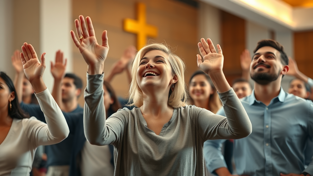 Uplifted people embracing supernatural Christianity, joyful worshippers, hands raised in prayer in a contemporary church, photorealistic, gentle golden lighting