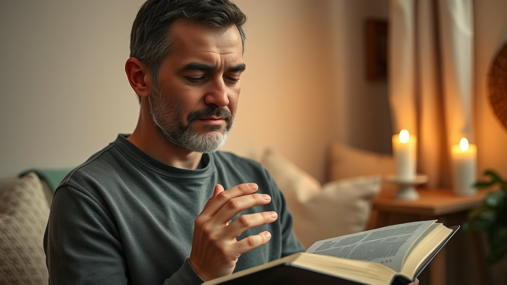 Believer quietly praying, supernatural Christianity encounter, serene meditative posture, open Bible and candlelight, photorealistic cozy home setting