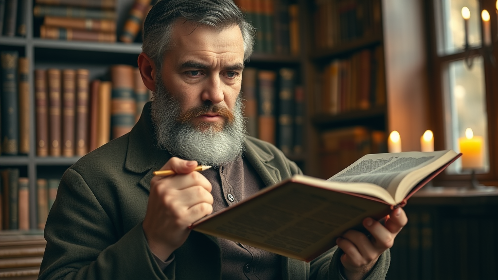 Theologian studying open Bible by candlelight, contemplating authentic supernatural Christianity