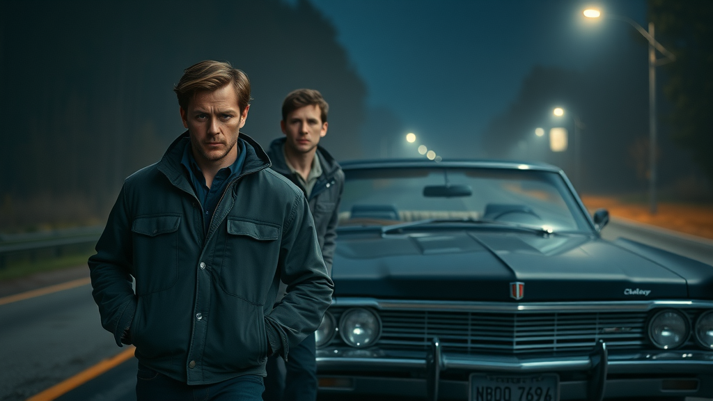 Dean and Sam Winchester with Chevy Impala on a moody night highway