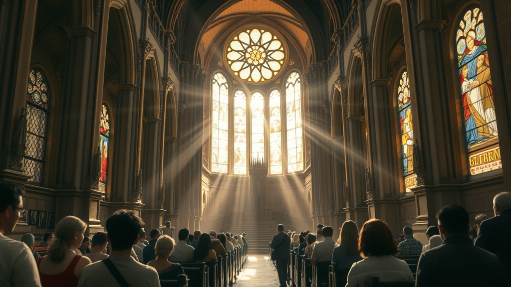 Majestic ancient church interior representing supernatural Christianity, worshippers in awe, sunlight through stained glass windows, photorealistic historic cathedral, ethereal light beams, vibrant earth tones, soft morning lighting