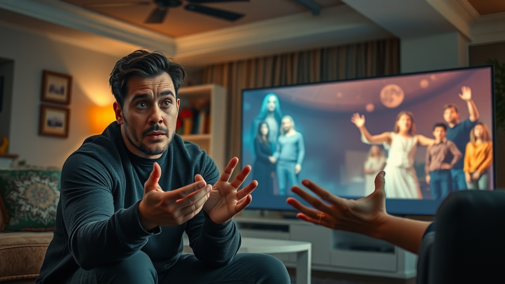 Television blending faith and fantasy, contrasting supernatural Christianity and fictional portrayals, dramatic lighting, living room and TV scene, photorealistic