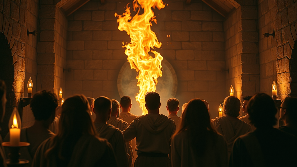Biblical scene showing the disciples experiencing supernatural Pentecostal fire, holy spirit empowering believers, photorealistic ancient stone-walled room, warm lighting