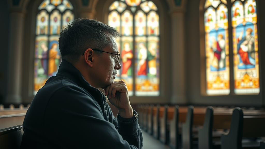 contemplative person in church thinking about christian miracles stained glass