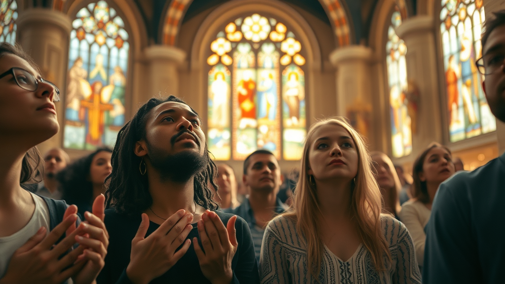 Believers engaged in worship and prayer in a luminous church sanctuary - supernatural Christianity