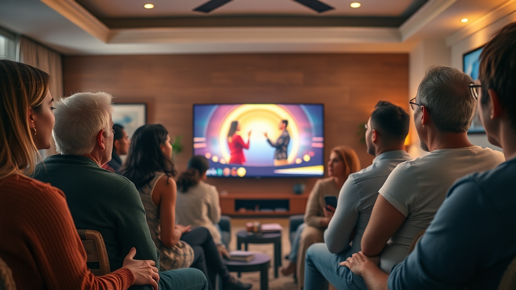 Captivated diverse audience watching Its Supernatural TV Show in a cozy living room setting, with fascinated expressions and spiritual themes.