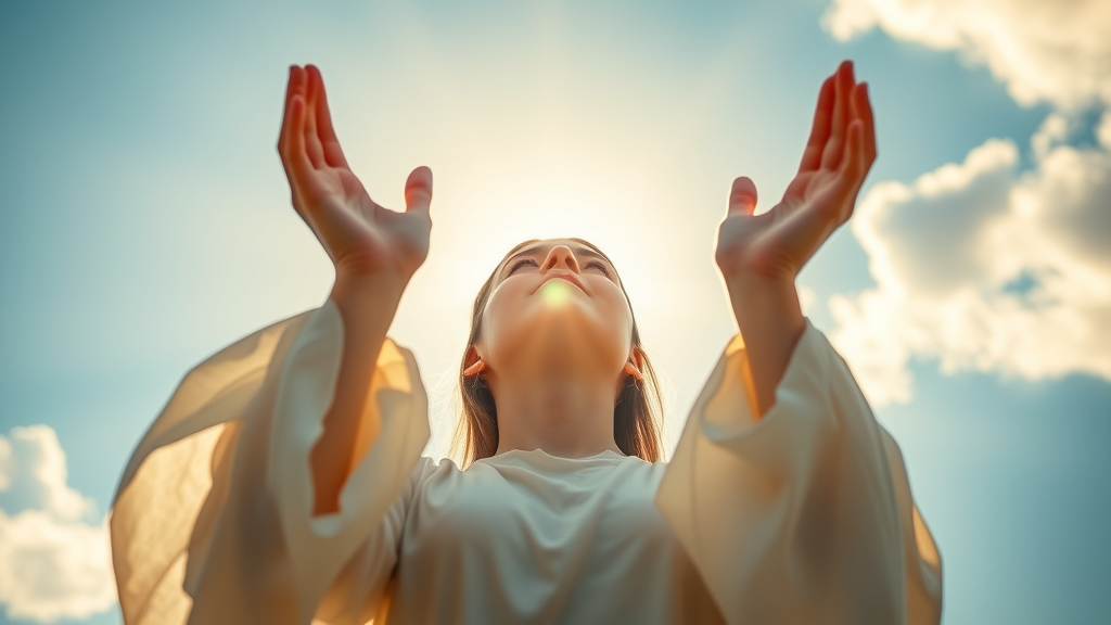 Uplifted hands in prayer with sunbeams, supernatural Christianity in action