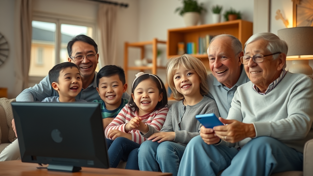 Multi-generational family watching Its Supernatural TV Show together, illustrating the show