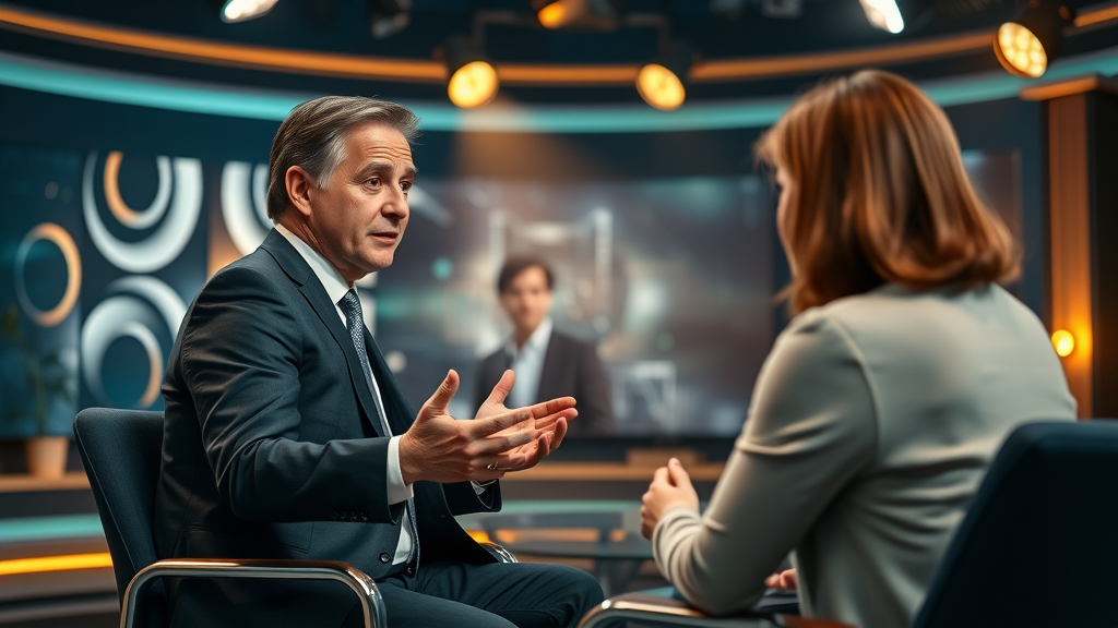 Sid Roth interviewing a guest on Its Supernatural TV Show set, modern studio with mystical lighting and supernatural themes.
