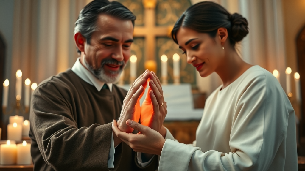 Inspiring healer blessing a believer, supernatural Christianity healing, comforting expressions at church altar, glowing hands, photorealistic portrait, gentle lighting