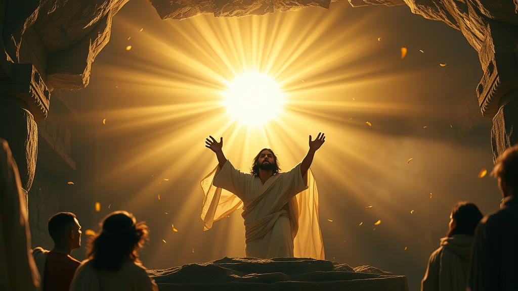 Jesus rising from the tomb with a radiant holy aura, representing supernatural Christianity