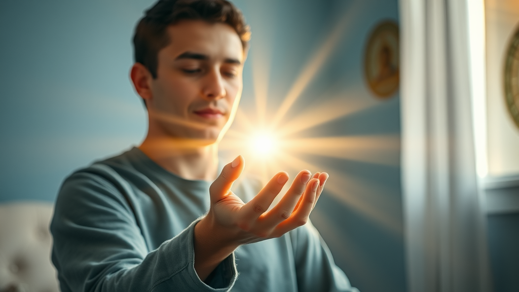 Individual surrounded by brilliant light, extending a comforting hand, supernatural power of the Holy Spirit in Christianity